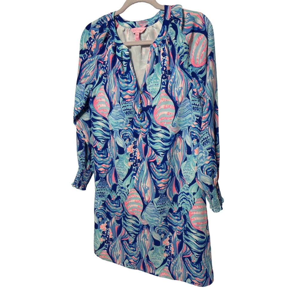 Lilly‎ Pulitzer Brynle Long Sleeve Button Front Dress Blue Shells Print